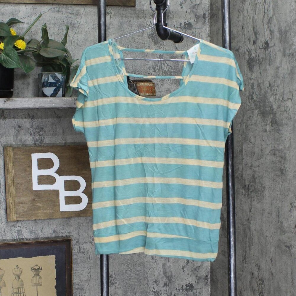 Threads Womens Striped Open Back Strappy Unlined Shirt Top Blue Green / Brown L